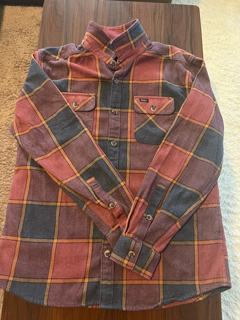 RVCA Men's Rust and Navy Plaid Button-Up Shirt
